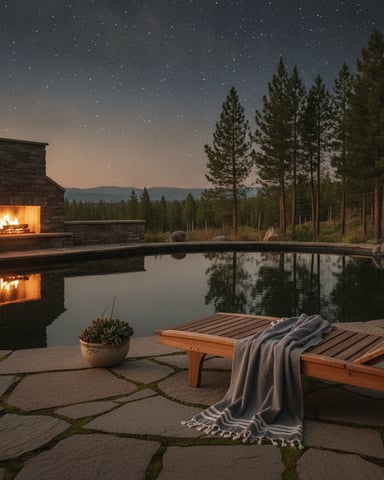Outdoor fireplace with lit fire beside a still pool at night, wooden lounge chairs with blanket, pine forest and starry sky beyond.