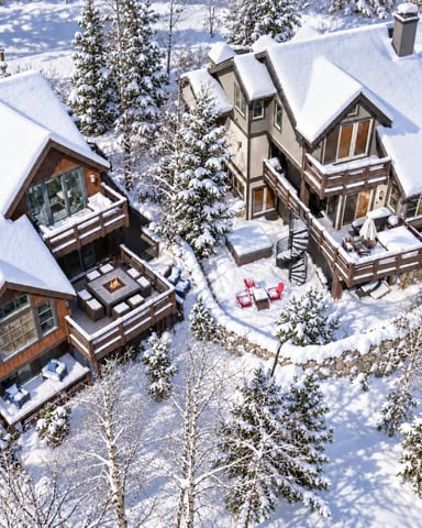 Aerial view of three snow-covered mountain homes with decks, fire pit, and red chairs nestled among evergreen and aspen trees