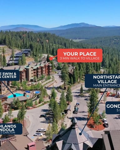 Aerial view of mountain resort village with labeled amenities including swim center, gondola, and village entrance surrounded by pine forest