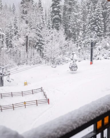 Snowy ski resort with chairlifts, wooden lodge buildings, and snow-covered evergreen forest in background